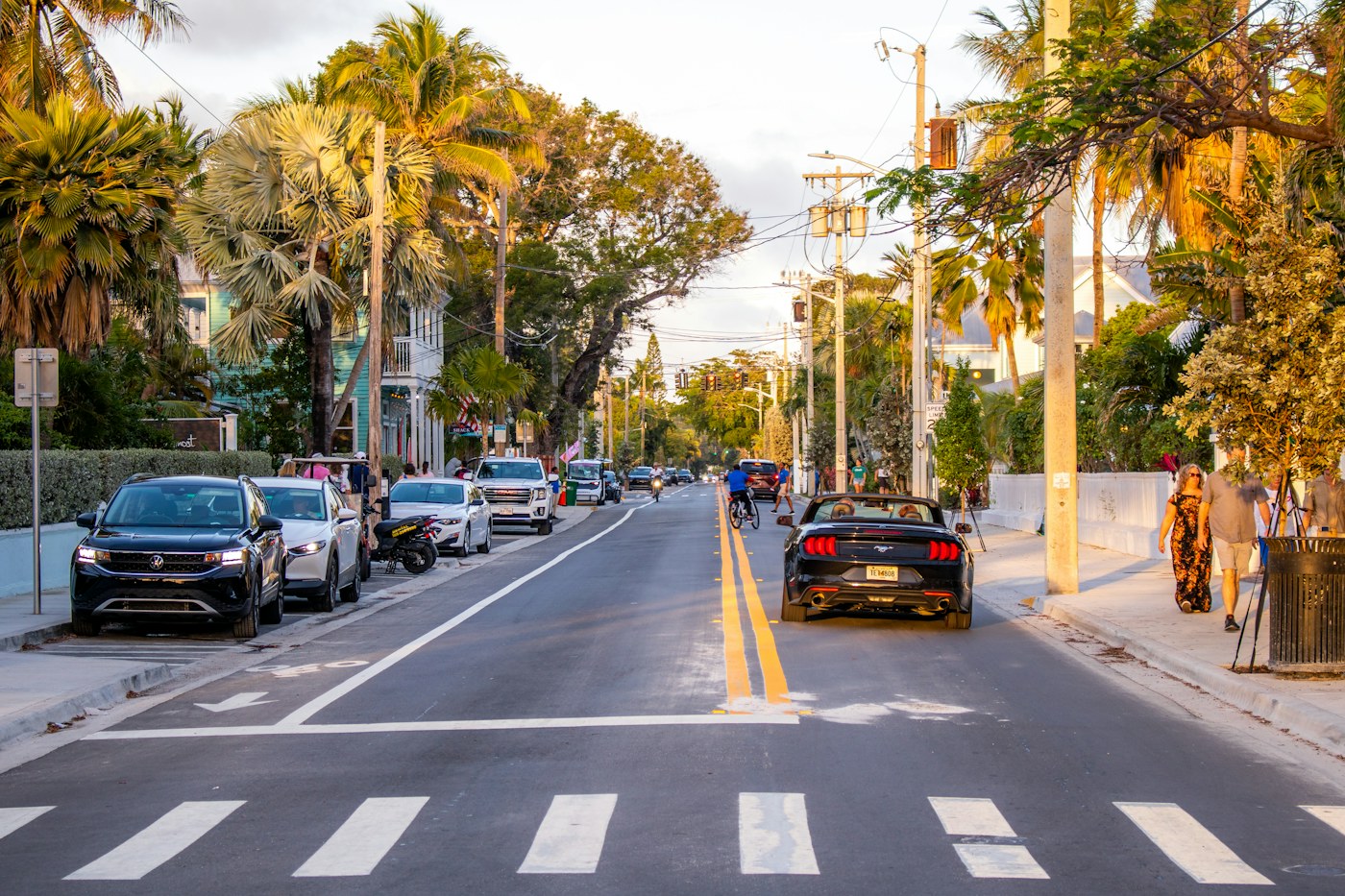 A sunny Key West street lined with palms and island buildings